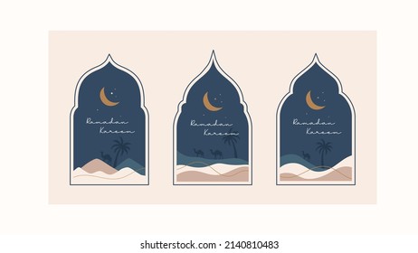 Ramadan Kareem greeting card illustration design vector template. Set of Ramadan Mubarak modern cards with retro boho style design, islamic frame, crescent, mosque, moon and desert.