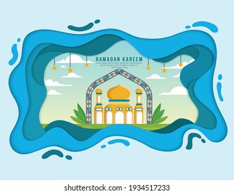 Ramadan Kareem Greeting Card with Image of mosque and Paper cut Ornament with sky Background
