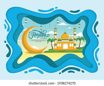 Ramadan Kareem Greeting Card with Image of mosque and Paper cut Ornament with sky Background