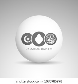 Ramadan Kareem greeting card with intricate Arabic calligraphy,lamp and moon for the celebration of Muslim community festival.