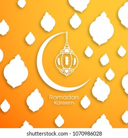 Ramadan Kareem greeting card with intricate Arabic lamps and moon for the celebration of Muslim community festival.