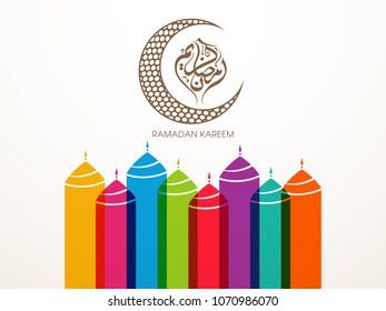 Ramadan Kareem greeting card with intricate Arabic calligraphy,moon and mosque tombs for the celebration of Muslim community festival.