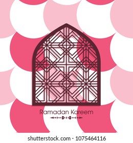 Ramadan Kareem greeting card with intricate Arabic window for the celebration of Muslim community festival.