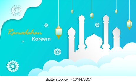 Ramadan Kareem greeting card, invitation card, Islamic Ramadan background, ramadan kareem illustration. Text translation "ramadhan kareem" holy month of muslim for fasting. modern flat design style 