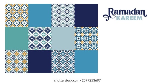 Ramadan Kareem greeting card, invitation. Festive web banner. Modern geometric flat design. Traditional arabic ornaments, patterns. Azulejo tiles. Colorful squares. Vector illustration background.