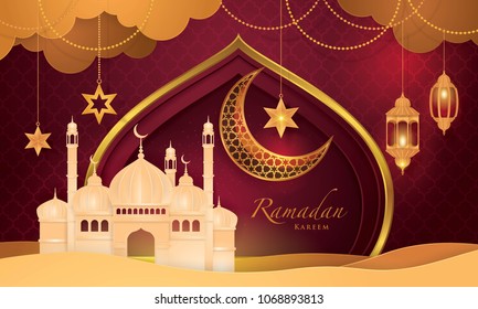 Ramadan Kareem Greeting Card, Islamic art Style Background with Frame Border and mosque, Symbols of Ramadan Mubarak, Hanging Gold Lanterns, arabic lamps, moon, star, Paper art vector and illustration