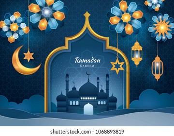 Ramadan Kareem Greeting Card, Islamic art Style Background with Frame Border and mosque, Symbols of Ramadan Mubarak, Hanging Gold Lanterns, arabic lamps, moon, star, Blue Flower, Paper art vector