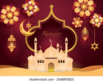 Ramadan Kareem Greeting Card, Islamic Art Style Background With Frame Border And Mosque, Symbols Of Ramadan Mubarak, Hanging Gold Lanterns, Arabic Lamps, Red Flower, Paper Art Vector And Illustration