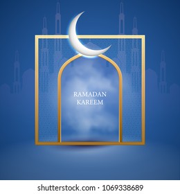 Ramadan Kareem greeting card islamic interior mosque door. Vector illustration. Ramadan graphic background