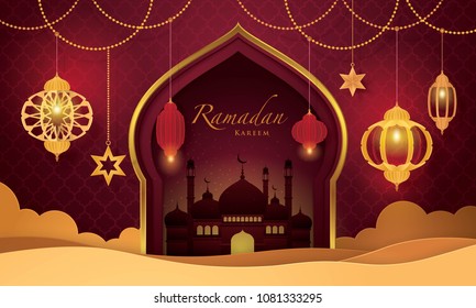 Ramadan Kareem Greeting Card, Islamic art Style Bacground with Frame Border and mosque, Symbols of Ramadan Mubarak, Hanging Gold Lanterns, arabic lamps, moon, star, Paper art vector and illustration Ramadan Kareem Greeting Card, Islamic art Style Bacground with Frame Border and mosque, Symbols of Ramadan Mubarak, Hanging Gold Lanterns, arabic lamps, moon, star, Paper art vector and illustration