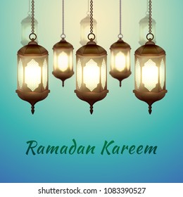 Ramadan Kareem - greeting card with islamic lanterns on turquoise background for Muslim Community festival. Bright arabic lamps. Graphic design element for invitation, flyer. Vector illustration