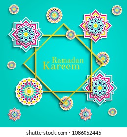 Ramadan Kareem greeting card. Islamic holidays design. Round elements,flowers. Floral pattern with text. 3D arabic vector illustration. Traditional islam fasting decoration. Elegant arabian background