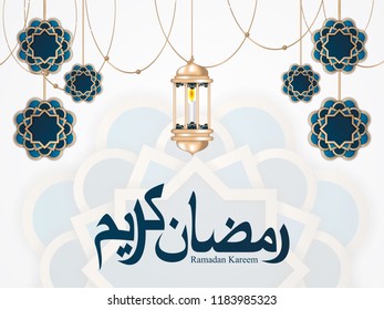 Ramadan kareem greeting card and islamic background, gold lantern and cresent moon illustration