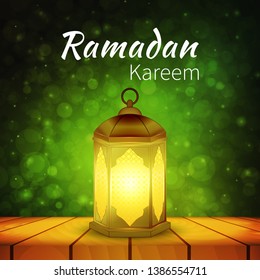 Ramadan Kareem - greeting card with islamic lantern on the table and green bokeh background for Muslim Community festival. Bright arabic lamp. Graphic design element for invitation, flyer, ad. Vector