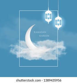 Ramadan Kareem greeting card with islamic crescent, arabic lantern Fanus and frame on sky background with clouds. Design for banner, poster. Vector.