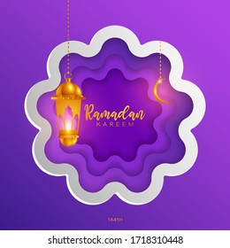 Ramadan Kareem greeting card islamic design. hanging luxury arabic lantern and crescent moon.