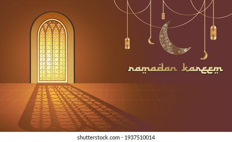 Ramadan kareem greeting card islamic mosque window interior illustration vector. Crescent moon and lantern of ramadan design. sunset light leak. greeting card, brochures, flyers, and banner template.