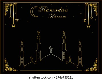 Ramadan Kareem Greeting Card, Islamic art with dark Background, Frame Border and mosque, Symbols of Ramadan Mubarak, Gold Lanterns,   star, vector, eps 10