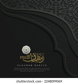 Ramadan Kareem Greeting Card Islamic Floral Pattern Vector Design With glowing gold Arabic calligraphy for Background, Wallpaper, Banner, Cover and decoration. Translation Of Text : Blessed Festival