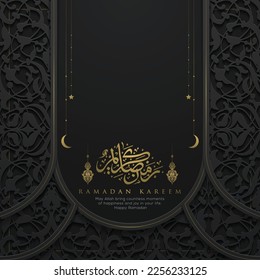 Ramadan Kareem Greeting Card Islamic Floral Pattern Vector Design With shiny Gold Arabic calligraphy for Background, Wallpaper, Banner, Cover and decoration. Translation Of Text : BLESSED FESTIVAL