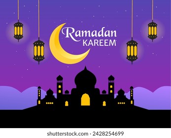 Ramadan kareem greeting card, Islamic decoration of mosque silhouette with lantern light and crescent moon