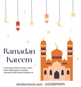 Ramadan Kareem Grußkarte, islamische Religion Bannervorlage mit Moschee Kuppel, hängende Sterne, Mond und Laterne