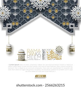 Ramadan Kareem Greeting Card Islamic Floral Background Vector Design With Beautiful Arabic Calligraphy, Lanterns etc. For Wallpaper, Banner, Poster, Cover etc. Translation Of Text: THE HOLY MONTH