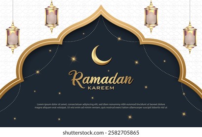 ramadan kareem greeting card with islamic decoration and lanterns