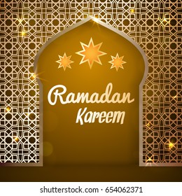 Ramadan Kareem greeting card. Islamic golden mosque door. Illustration for muslim holy month Ramadan. Vector
