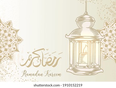 Ramadan Kareem greeting card with lantern. arabic calligraphy means "Holly Ramadan". Sketch hand drawn style.