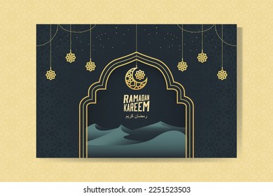 Ramadan Kareem greeting card with lanterns, moon and sand dunes. Ramadan Mubarak. Background vector illustration.