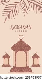 Ramadan kareem greeting card with lanterns and palm branches. Holy islamic month vector illustration.