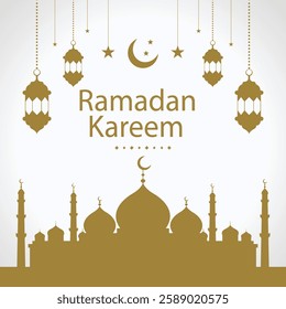 Ramadan Kareem Greeting Card with Lanterns and Mosque Silhouette