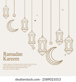 Ramadan Kareem Greeting Card with Lanterns Stars and Crescent Moons