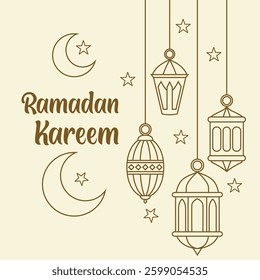 Ramadan Kareem Greeting Card with Lanterns and Crescent Moons