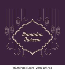 Ramadan Kareem Greeting Card with Lanterns and Crescent Moon