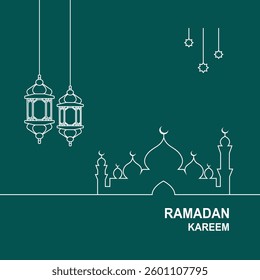 Ramadan Kareem Greeting Card with Lanterns and Mosque Illustration