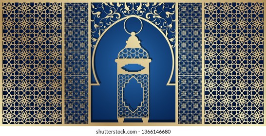 Ramadan kareem greeting card for laser cutting. Carved pattern in islamic, arabic style for design invitation, envelope, pocket, background for holiday and festival.