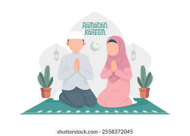 Ramadan kareem greeting card with lettering typography and muslim people