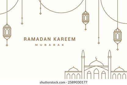 Ramadan Kareem greeting card minimal design with hanging lantern and mosque in line art style vector illustration