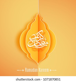 Ramadan Kareem greeting card with modern intricate lamp and Arabic calligraphy for the celebration of Muslim community festival.