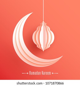 Ramadan Kareem greeting card with modern intricate Arabic lamp,moon and calligraphy for the celebration of Muslim community festival.