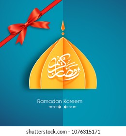 Ramadan Kareem greeting card with modern intricate mosque tomb and Arabic calligraphy for the celebration of Muslim community festival.