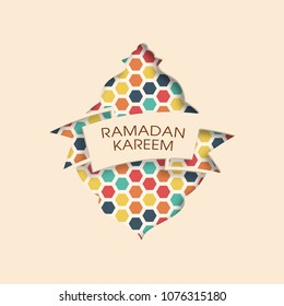 Ramadan Kareem greeting card with modern intricate Arabic lamp,ribbon and calligraphy for the celebration of Muslim community festival.