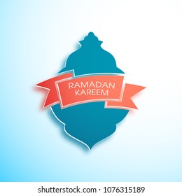 Ramadan Kareem greeting card with modern intricate Arabic lamp,ribbon and calligraphy for the celebration of Muslim community festival.