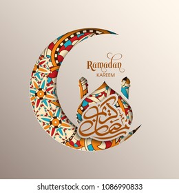 Ramadan Kareem greeting card with modern intricate Arabic calligraphy,mosque and moon for the celebration of Muslim community festival.