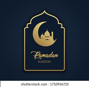 Ramadan Kareem greeting card. Month of fasting for Muslims. illustration of the crescent and mosque on a phantom blue background.