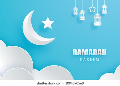 Ramadan Kareem greeting card moon and stars traditional lanterns background. Eid Mubarak paper art banner illustration design. Use for Islamic flyer, poster, brochure, sale. 