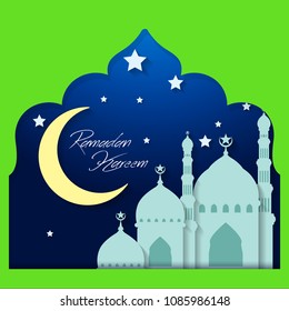 Ramadan Kareem Greeting card. Mosque with stars Islamic pattern Background