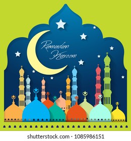 Ramadan Kareem Greeting card. Mosque with stars Islamic pattern Background